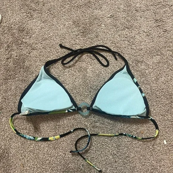 black bikini top with blue beaded flower design and jelly pendant - Picture 6 of 6